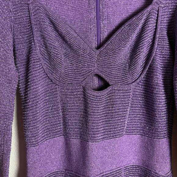 Herve Leger Lurex Ottoman Purple Cut Out Long Sleeve Sweetheart Cocktail Dress M - Picture 15 of 16